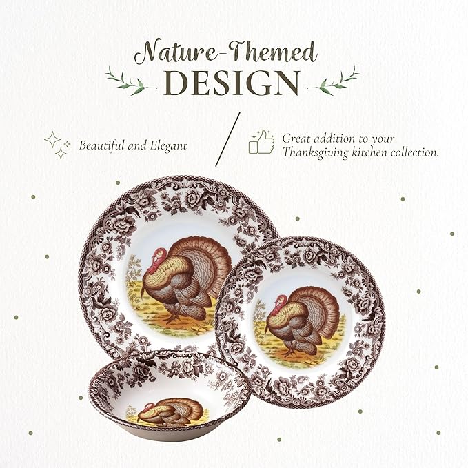 Spode Woodland 3-Piece Thanksgiving Dinnerware Set - Porcelain Plates &amp Bowl Fall Dinnerware Collection - Microwave &amp Dishwasher Safe - Elegant Autumn Tableware