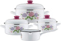 GSW 189989 Hortensie Hydrangea Cooking Pot Set 7 Pieces Steel Enamel Plastic White