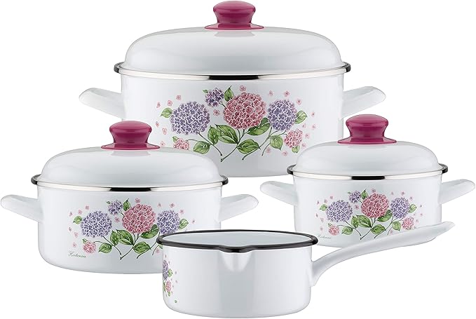 GSW 189989 Hortensie Hydrangea Cooking Pot Set 7 Pieces Steel Enamel Plastic White