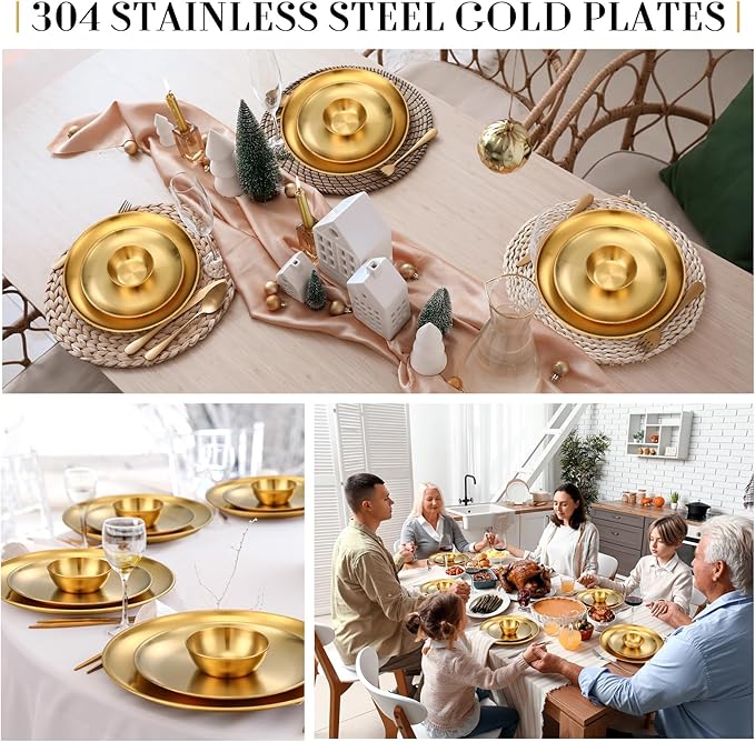 Layhit 18 Pcs Gold Stainless Steel Dinnerware Set 10'' Metal Gold Dinner Plates 8'' Thickened Dinner Dishes 3.5'' Sauce Bowls Stackable Dishware for Kitchen BBQ Party Picnic Service for 6