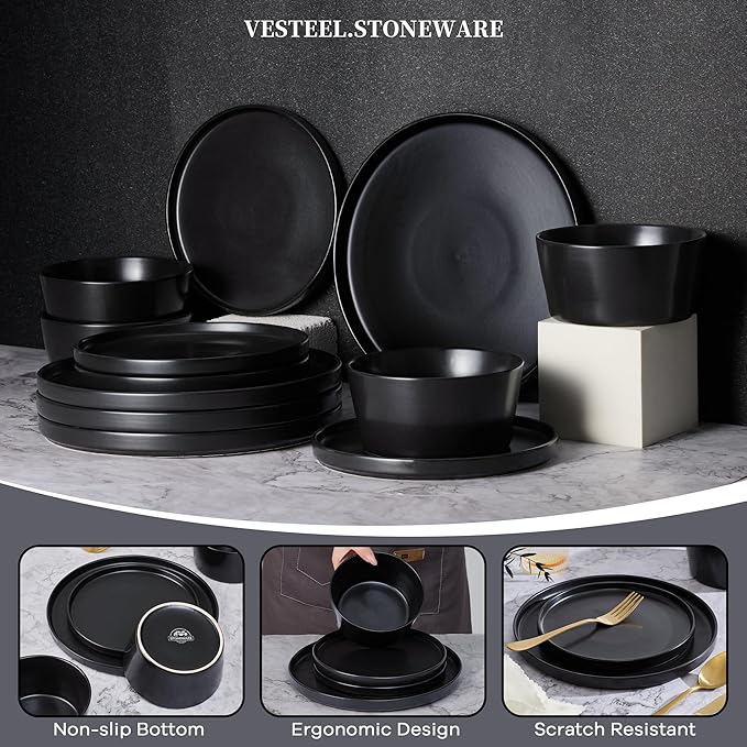 Vesteel Dinnerware Sets for 4 12Pcs Stoneware Plates and Bowls Sets Elegant Tableware set for Home Restaurant Chip &amp Scratch Resistant Dishes Set Black