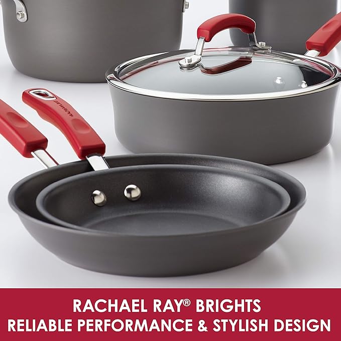 Rachael Ray - 87661 Rachael Ray Brights Hard Anodized Nonstick Cookware Pots and Pans Set 12 Piece Gray with Red Handles