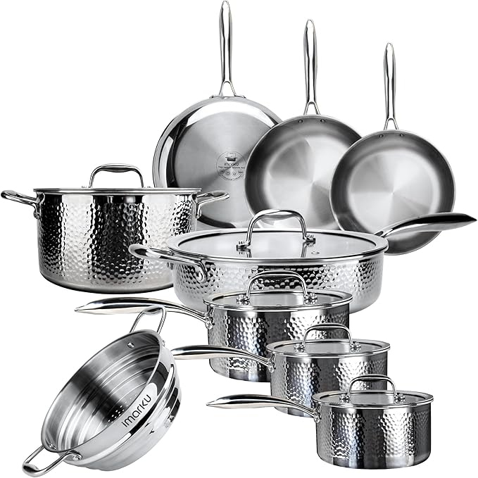 imarku 14-Piece Stainless Steel Cookware Set Tir-Ply Pots and Pans Set with Lids Induction Compatible Oven Safe to 500°F Non-ToxicDishwasher Safe Ideal Gift for Home Cooking Women