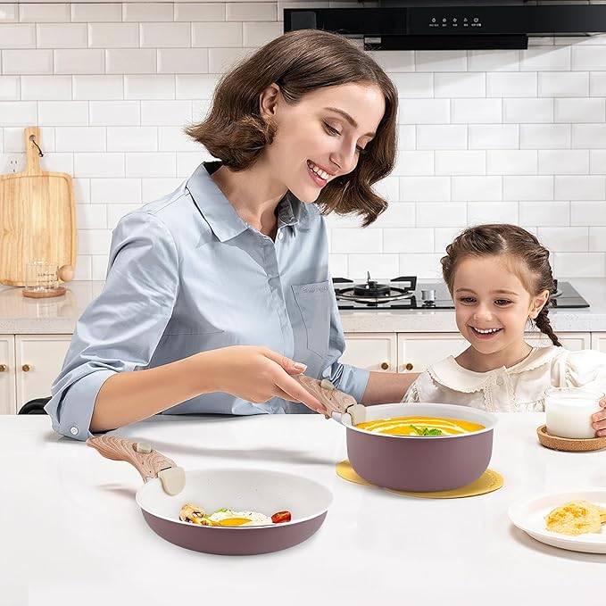 Pots and Pans Set Nonstick - YIIFEEO Kitchen Cookware Sets Detachable Handle Pot and Pan Set Removable Handle Camping Cooking Set Oven Broiler Safe 550F Non Toxic Frying Pans for Cooking Pan Set Gift