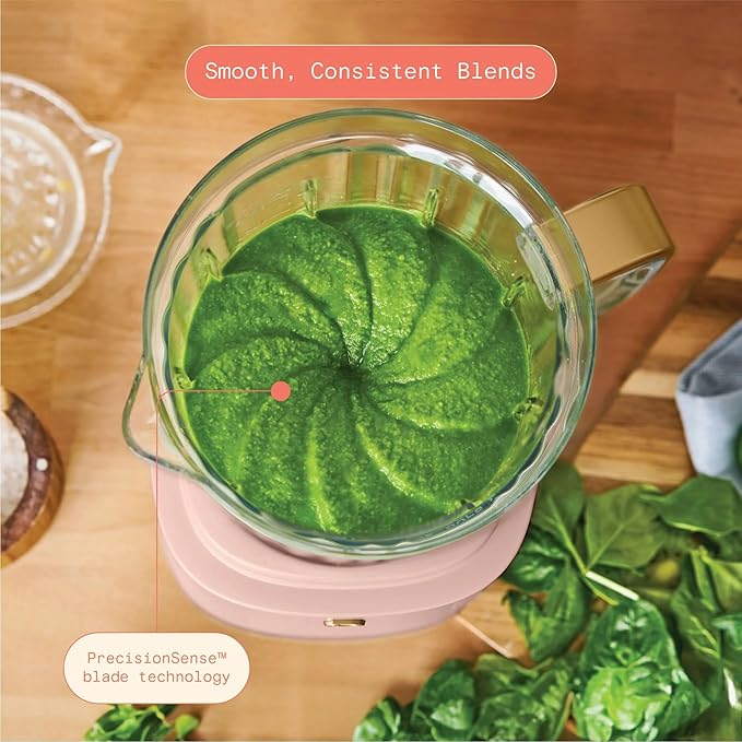 B PowerExact High-Performance 700-Watt Blender by Drew Barrymore 50-Ounce Pitcher Stainless 4-Tip Blade 3 Speeds + 4 Presets Dishwasher-Safe Parts Travel Cup Included (Rose)