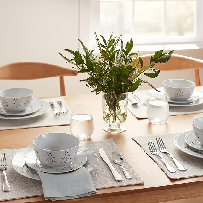 Amazon Basics Dinnerware Set Microwave and Dishwasher Safe Service for 6 18-Piece Complete Kitchen Plates Dishes Bowls Branches