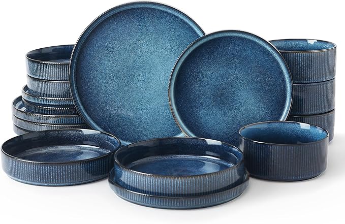 Famiware Star Dinnerware Set with Plates and Bowls Service for 4 (16-Piece) Stoneware Kitchen Dishes Dinner Sets - Nebulas Blue