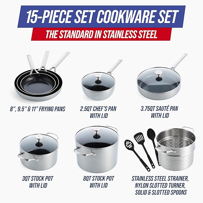 Blue Diamond 15 Piece Stainless Steel Tri-Ply Cookware Pots and Pans Set Induction Compatible Diamond Infused PFAS-Free Ceramic Nonstick Dishwasher &amp Metal Utensil Safe Scratch Resistant Silv