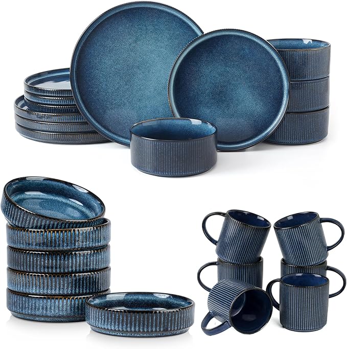 Famiware Dinnerware Set for 4 (12 Piece) and Coffee Mug Set for 6 (12 oz) - Nebulas Blue