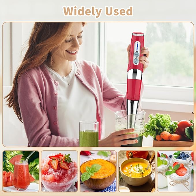 Toogel Cordless Immersion Blender Electric Hand Blender with 21-Speed &amp 3-Angle Adjust USB Rechargeable BPA-Free &amp Dishwasher Safe for Baby Food Smoothies Soup (Red)