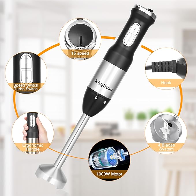 Keylitos 5 in 1 Immersion Hand Blender Mixer [Upgraded] Handheld Stick Blender with 600ML Chopper 800ML Beaker Whisk and Milk Frother for Smoothie Baby Food Sauces RedPuree Soup (Black)