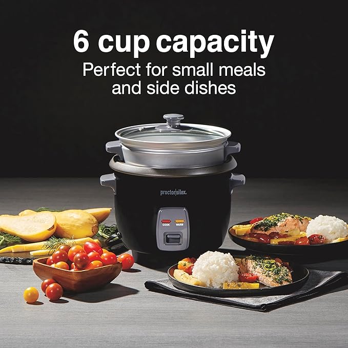 Proctor Silex Rice Cooker &amp Food Steamer 6 Cups Cooked (3 Cups Uncooked) Includes Steam and Rinsing Basket Black (37510)