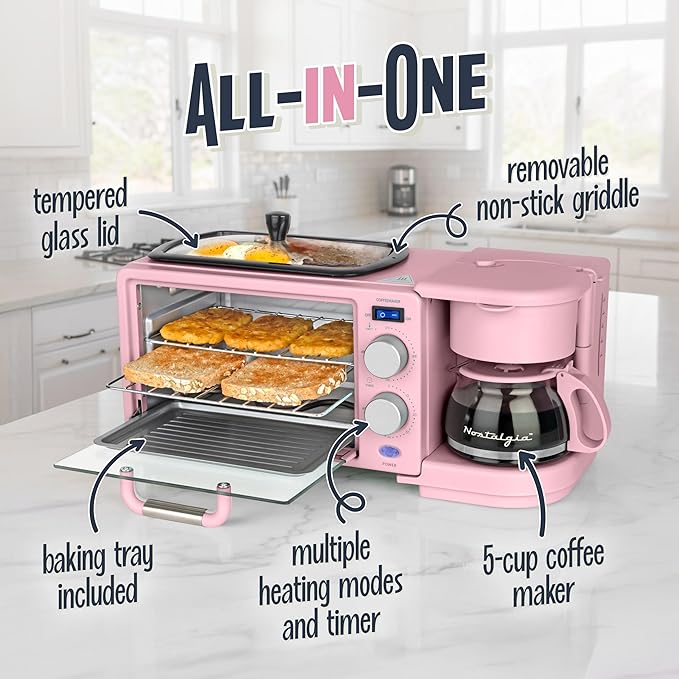 Nostalgia 3-in-1 Retro Breakfast Station - Includes 5 Cup Coffee Maker Non-Stick Ceramic Griddle and 4-Slice Toaster Oven - Built-In Timer Reusable Coffee Filter Space-Saving Design - Pink