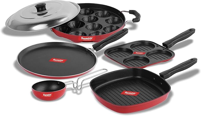 Sumeet 2.6mm Thick Non-Stick Beet Cookware set (Dosa Tawa – 26.5cm Dia + Multi snack maker – 26.5cm Dia + Grill Pan – 1.1Ltr + Grill Appam Patra With Lid – 23cm Dia + Tadka Pan – 10cm Dia)