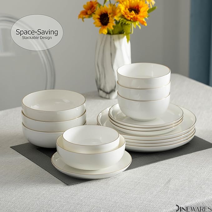 Perlaceo Luxurious Collection Bone China Dinnerware Set-Lightweight and Durable-Service for 4 or 8 Including Dinner Salad Plates and Cereal or Soup Bowls 16-Pc White w/Gold Rim