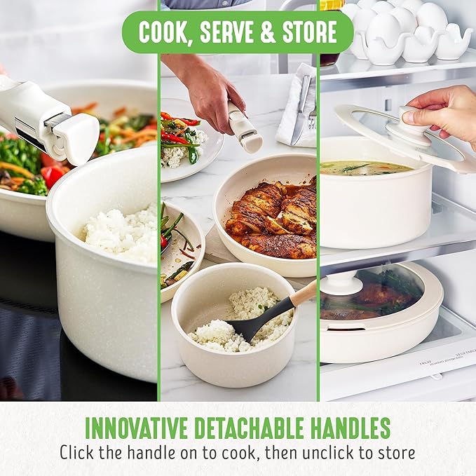 GreenLife 10 Piece Nonstick Pots &amp Pans Set Detachable Handle &amp Stackable Cookware Set Non Toxic PFAS-Free Skillets Induction Kitchen Pans Space Saving Serving Bowls Oven Safe Speckled