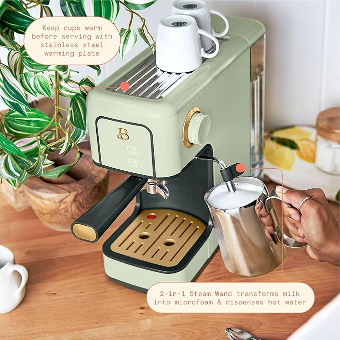 B Slim Espresso Maker by Drew Barrymoree with 20-Bar Pressure Touch-Activated Display and Steam Wand for Latte &amp Cappuccino (Sage Green)