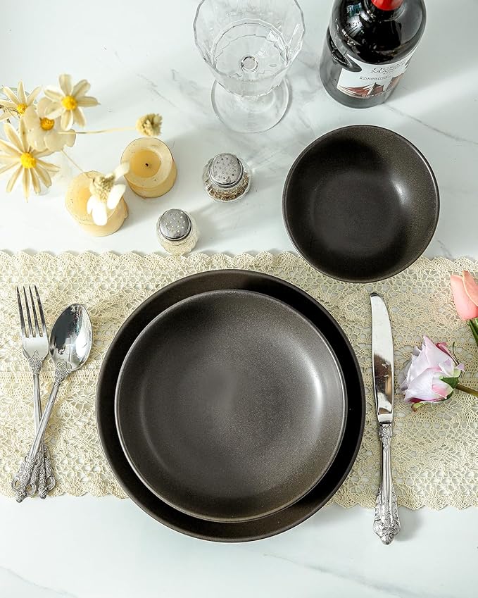 3 Piece Dinnerware Set Stoneware Plate and Bowl Set Ceramic Serveware Set Scratch Resistant Dishwasher &amp Microwave Safe Matte Black