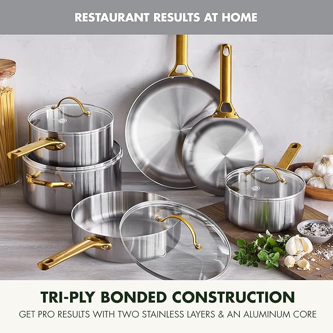 GreenPan Stainless Steel Tri-Ply Reserve 10 Piece Cookware Pots and Pans Set Multiclad Induction Oven &amp Broiler Safe to 600°F Heat Responsive Core Dishwasher Safe Glass Lids