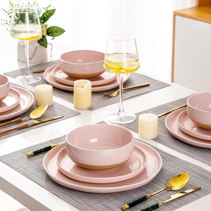 AmorArc Ceramic Dinnerware Sets for 4 12 Pieces Handpainted Plates and Bowls Set with Rustic Terracotta Underside Scratch Resistant Stoneware Dishes Set Dishwasher &amp Microwave Safe Cloud Pink