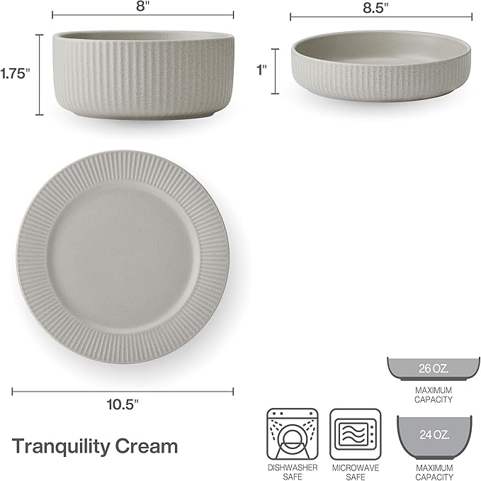 Pfaltzgraff Tranquility 12 Piece Plates Bowls Dinnerware Set Service for 4 Cream