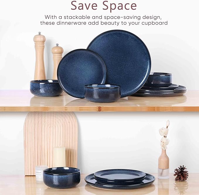 Herogo 16 Pieces Stoneware Dinnerware Set Service for 4 Dinner Plates and Bowls Sets Double Reactive Glaze Dishes Set for Kitchen Scratch Resistant Microwave &amp Dishwasher Safe Starry Blue