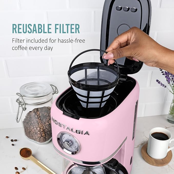 Nostalgia Classic Retro 10 Cup Coffee Maker - One-Touch Drip Brew Reusable Filter - Anti-Drip Auto Shutoff &amp Time Display - Dishwasher Safe 50 oz Carafe - Pink