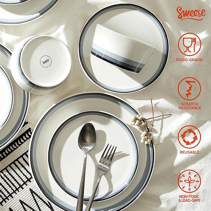 Sweese 12 Piece Dinnerware Sets for 4 - Porcelain Plates and Bowls Set - Scratch Resistant Dishwasher and Oven Safe Round Dinner Sets - Dish Sets -White and Blue Gradient