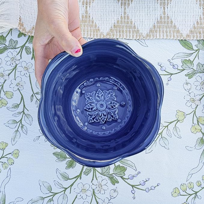 Sungmor Embossed Stoneware Fine Dining Dinnerware Antique Baroque Style Porcelain 6 Inch (20 oz) Flower Shape Bowls Set of 4 Sophisticated Ceramic Bowls for Soup Cereal Oatmeal Rice Pasta Salad