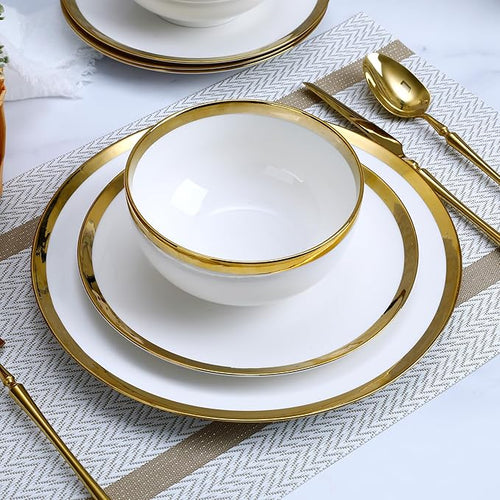 12-Piece Porcelain Dinnerware Set Service for 4White Bone China Plates &amp Bowls with Gold Trim Oven &amp Dishwasher Safe Chip Resistant White Gold Dinnerware Sets