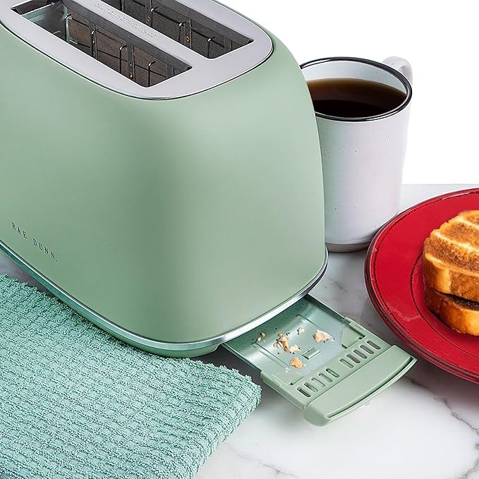 Rae Dunn Retro Rounded Bread Toaster 2 Slice Stainless Steel Toaster with Removable Crumb Tray Wide Slot with 6 Browning Levels Bagel Defrost and Cancel Options Sage