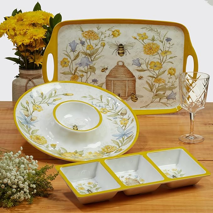 Certified International Bee Sweet 12-Piece Melamine Dinnerware Set Service for 4 Bee &amp Floral Plates and Bowls Durable Shatterproof Outdoor Tableware for Spring &amp Summer Entertaining