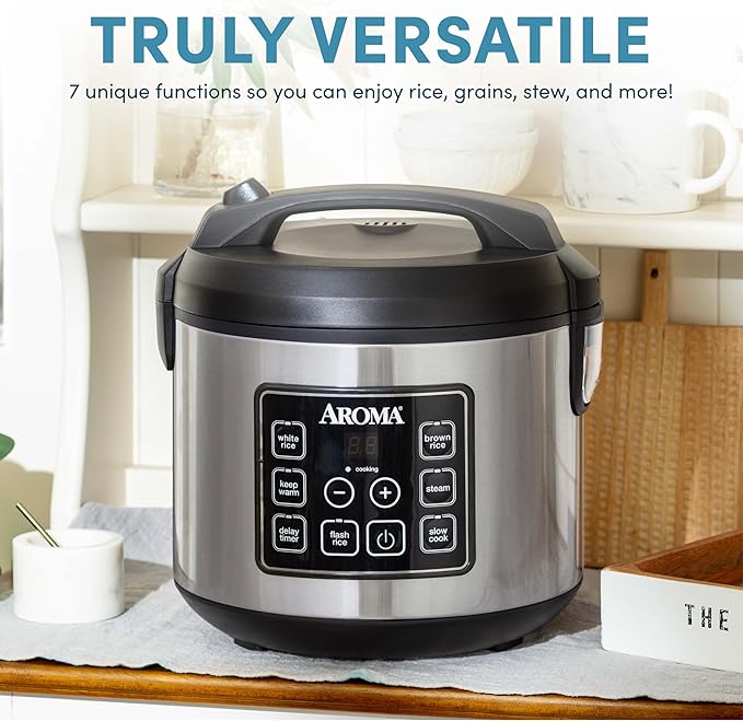 AROMA® 20-Cup (Cooked) / 10-Cup (Uncooked) Digital Rice Cooker Multicooker Slow Cooker Steamer Flash Rice Keep Warm Sensor Logic® Technology Stainless Steel Exterior