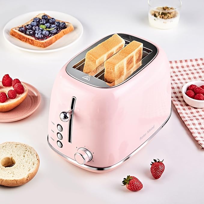 Roter Mond 2 Slice Toaster Retro Stainless Steel with Bagel Cancel and Defrost Functions 6 Bread Shade Settings Extra Wide Slots and Removable Crumb Tray Pink