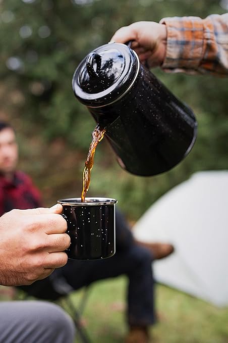 Stansport Enamel 8-Cup Percolator Coffee Pot and 4-Mug Set - Heavy-Duty Campfire Coffee Maker with 12oz Mugs - Percolator Stem Included - Double Baked Enamelware for Camping Hiking RV &amp Cabin