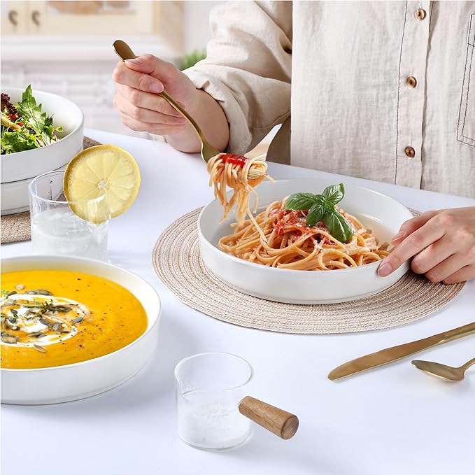 LIANYU 16 Piece Dinnerware Set with Pasta Bowls Stoneware Dinner Plates and Bowls Sets Wide Shallow Speckled Dishes Set for 4 Chip and Scratch Resistant Microwave &amp Dishwasher Safe Polar Whit