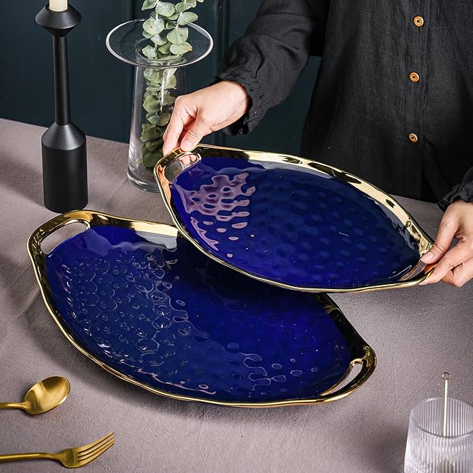 Stone Lain Florian Porcelain Large and Medium Oval Platters with Handle Service Set Blue with Gold Rim