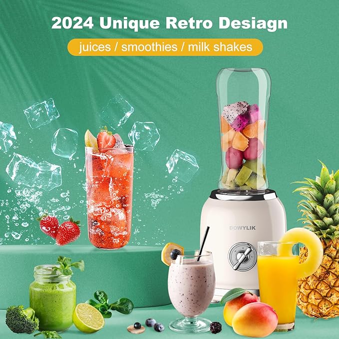 Personal Blender 3 Speed Retro Smoothie Blender for Protein Drink Smoothie Maker with 6-Edge Blade and 2 * 20oz BPA Free Travel Cups