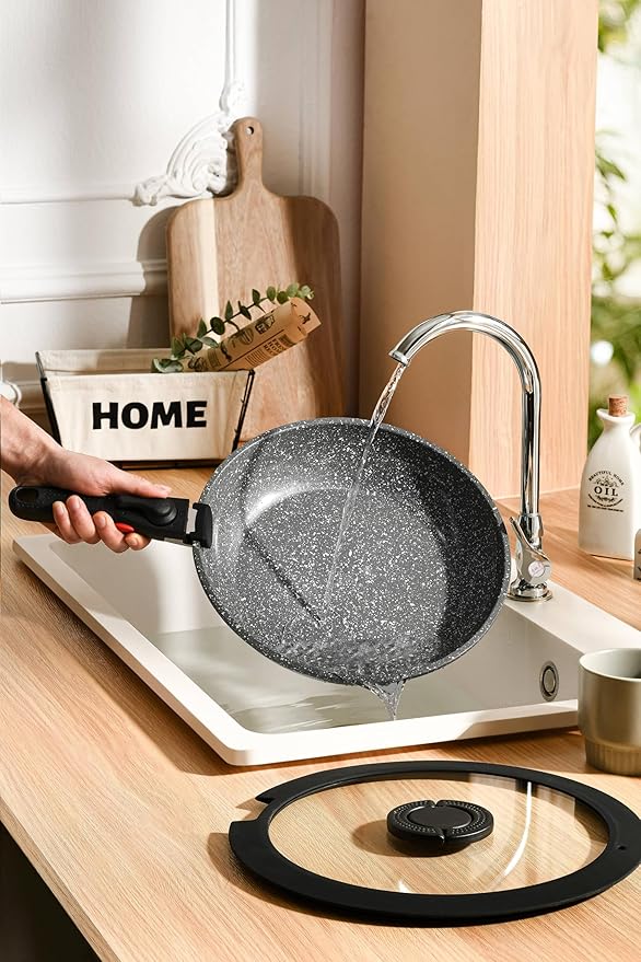 ROSSETTO 7pcs Pots and Pans Set Non Stick from France Ceramic Cookware Set with Removable Handle Induction RV Kitchen Cookware Set Stackable PFOA and PFAS Free Oven Safe Black Granite