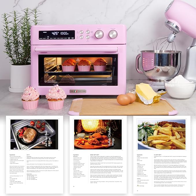 VAL CUCINA Retro Style Infrared Heating Air Fryer Toaster Oven Extra Large Countertop Convection Oven 10-in-1 Combo 6-Slice Toast Enamel Baking Pan Easy Clean with Recipe Book Classic Pink Color