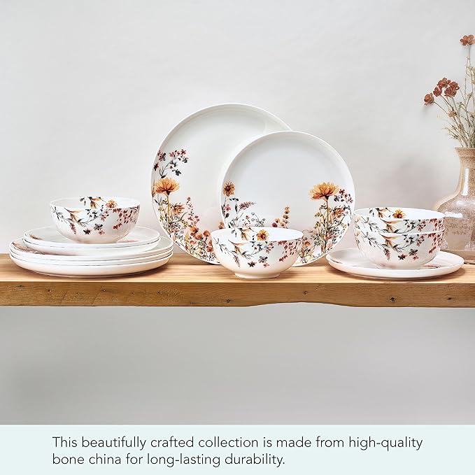 Mikasa Wildflower Bliss 12 Piece Floral Bone China Durable Chip Resistant Lightweight Dinnerware Set Service for 4
