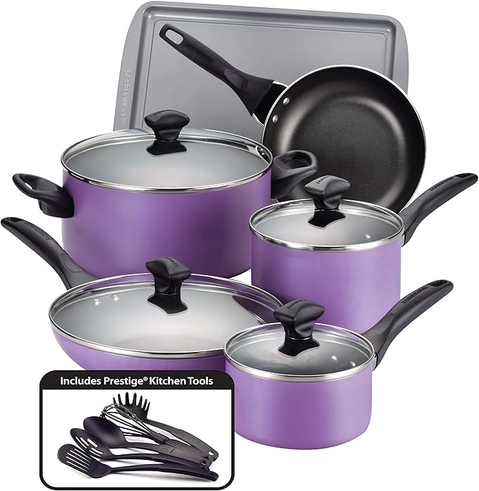 Farberware Dishwasher Safe Nonstick Aluminum 15-Piece Cookware Set Purple