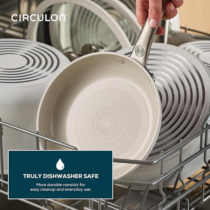 Circulon Halo with LaserDefense Ceramic Nonstick Pots and Pans with Lids Compatible with All Stovetops Made without PFAS Dishwasher and Oven Safe 11 Piece Cookware Set - Pearl White
