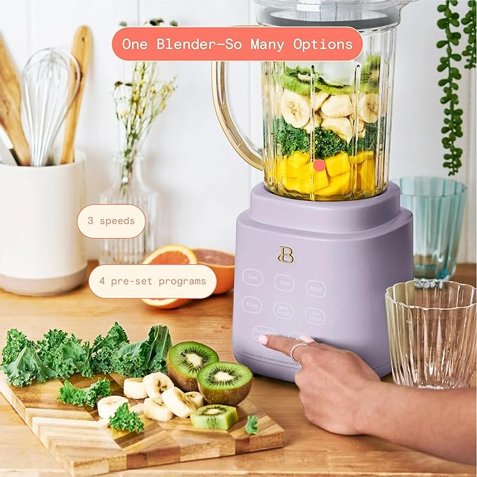 B PowerExact High-Performance 700-Watt Blender by Drew Barrymore 50-Ounce Pitcher Stainless 4-Tip Blade 3 Speeds + 4 Presets Dishwasher-Safe Parts Travel Cup Included (Lavender)
