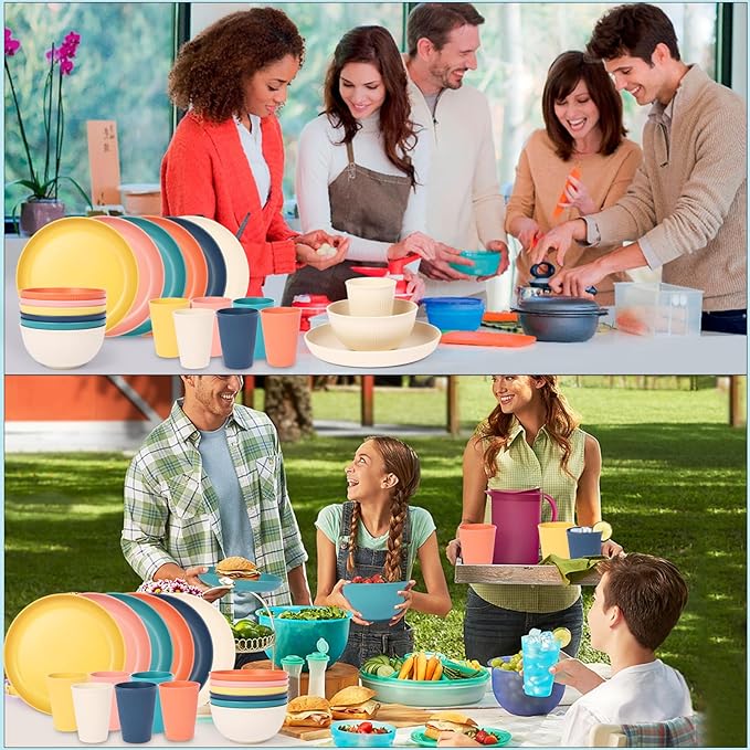 18pcs Wheat Straw Dinnerware Sets Unbreakable dish Set Reusable Plates Bowls and Cups Set dishes Dishwasher Microwave Safe for Kitchen Outdoor Travel Camping (Light Macron)