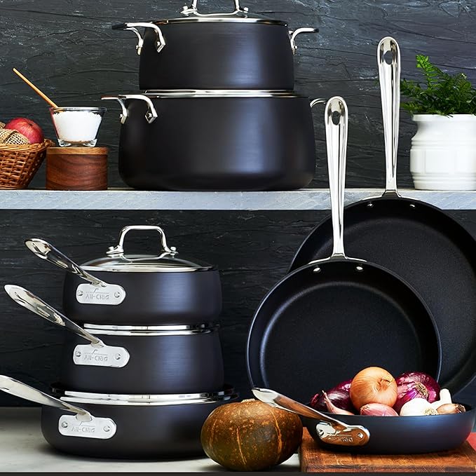 All-Clad HA1 Hard Anodized Nonstick Pots and Pans Set Non Stick Cookware Sets Oven Broiler Safe 500F Black