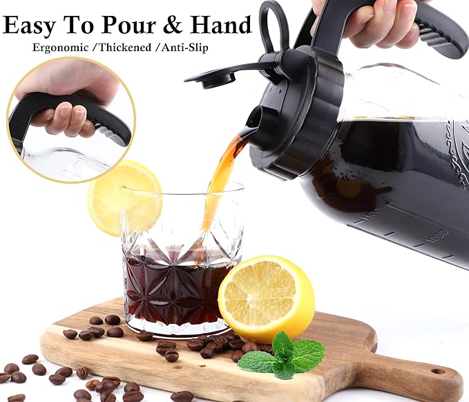 Cold Brew Coffee Maker Half Gallon 2 Set Glass Mason Jar Pitcher With Spout Lid Filter 2 Quart Wide Mouth Iced Tea Brewing Jug Heavy Duty Handle Airtight &amp Leak-Proof Pitcher For Fridge Sun Tea 64