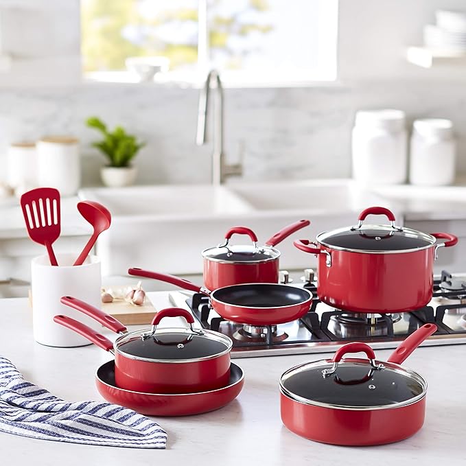 Amazon Basics Aluminum Non-Stick Cookware Set Oven Safe Dishwasher Safe Stay-Cool Handles 12-Piece Red