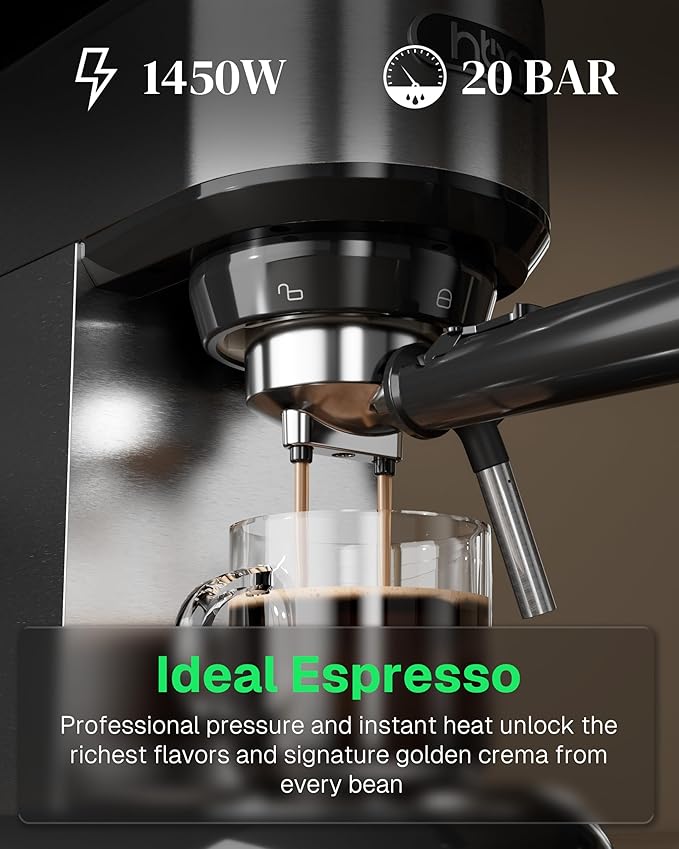 HBN 20 Bar Espresso Machine with Milk Frother Compact Espresso Maker for Ground Coffee Stainless Steel Coffee Machine with Steam Wand &amp 34oz Removable Water Tank 1450W for Home &amp Office
