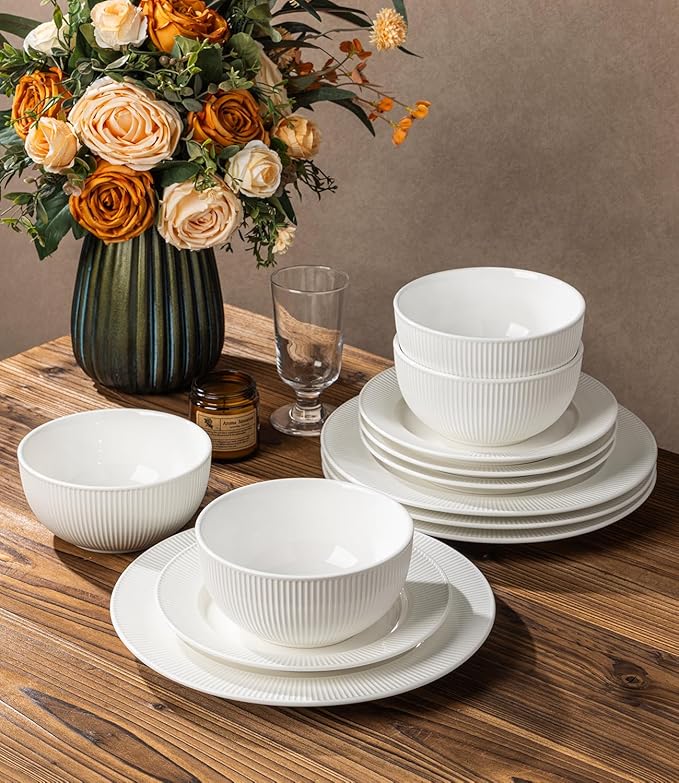 TheTerra Stoneware Dinnerware Sets for 6 18 Pieces Ceramic Plates and Bowls Sets Scratch Resistant Embossed Dish Set Oven Microwave &amp Dishwasher Safe Bright White